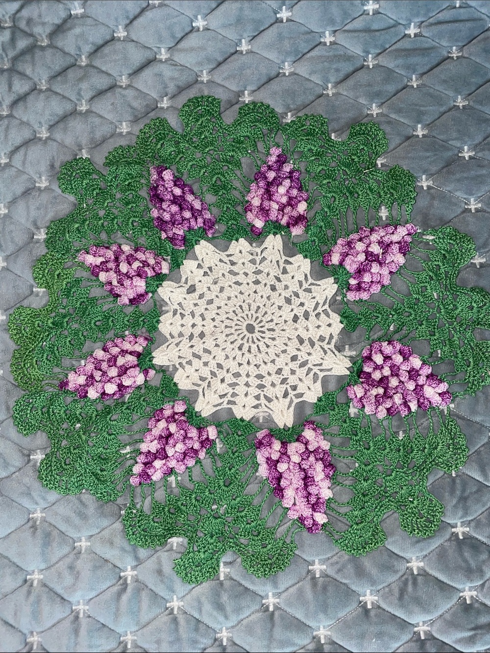 Handmade Crochet Floral Doily with Purple Lilac (or Grapes?) Motif-16” across